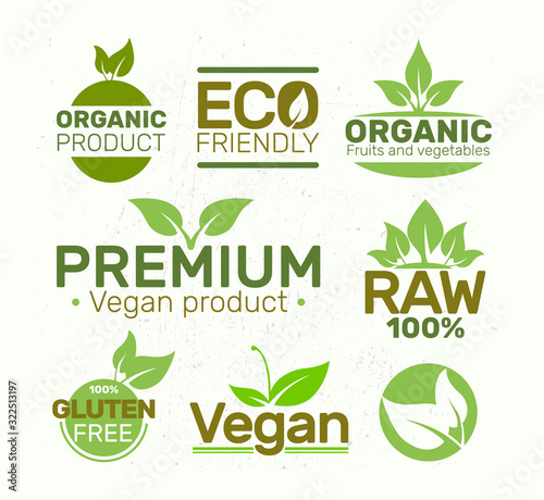 Set of eco labels , organic, fresh, healthy, 100 percent, premium and natural food, Vegan. Badges, tags, packaging. Vector