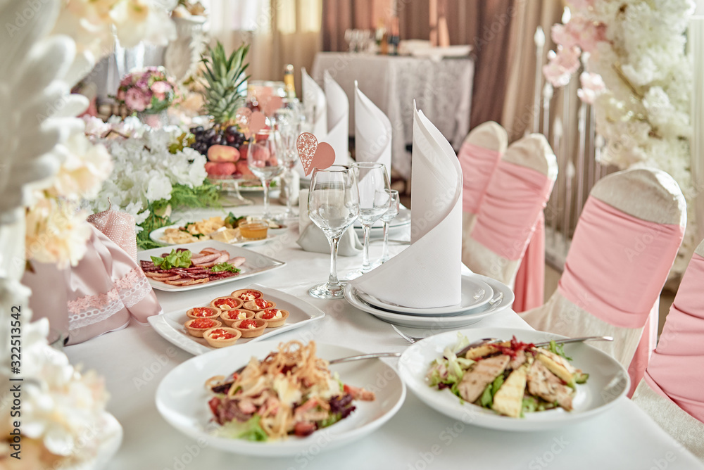 Table set, copy space. Menu mockup, place setting at wedding reception. Table served for wedding banquet in restaurant Table set, copy space. Menu mockup, place setting at wedding reception. Table served for wedding banquet in restaurant