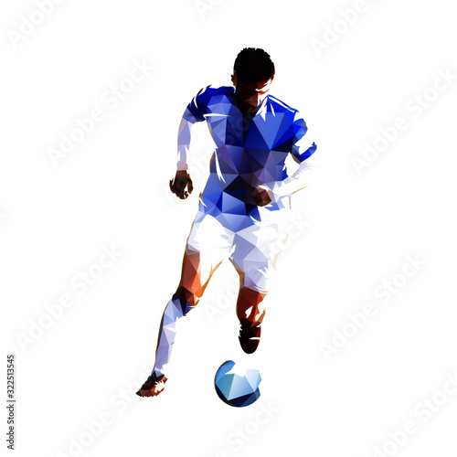 Soccer player running with ball, low poly isolated vector drawing, geometric footballer