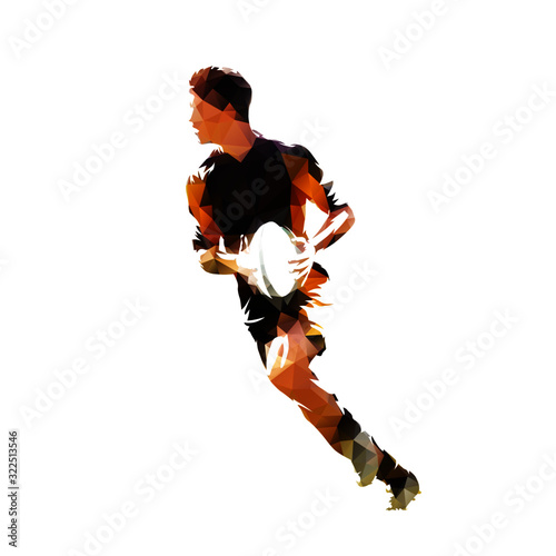 Rugby player running with ball, low polygonal vector illustration