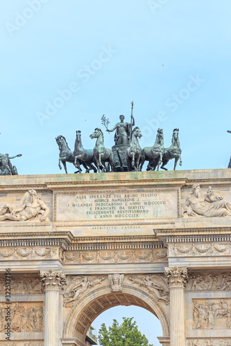 Milan, Italy. Arch of Peace (Italian: Arco della Pace) - one of the main neoclassical monuments of Milan. Construction was completed by 1838