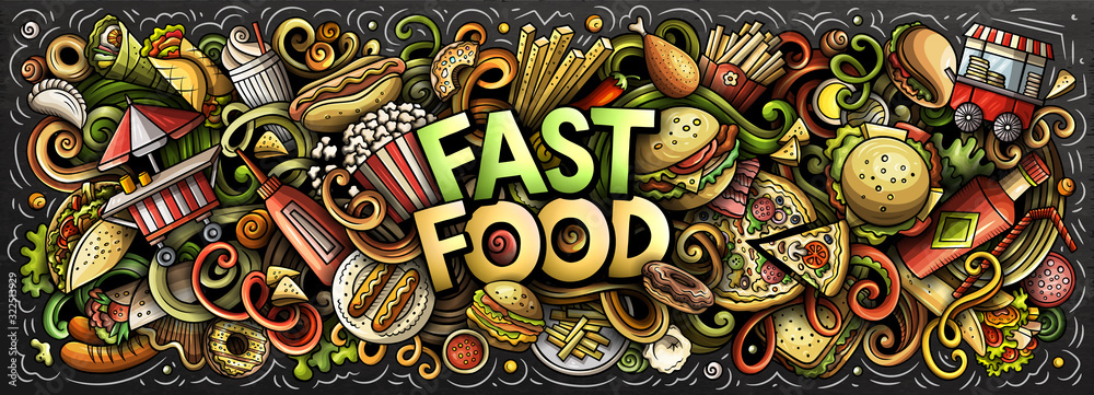 Fototapeta Fastfood hand drawn cartoon doodles illustration. Colorful vector banner