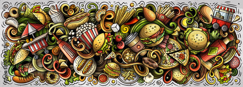 Fastfood hand drawn cartoon doodles illustration. Colorful vector banner