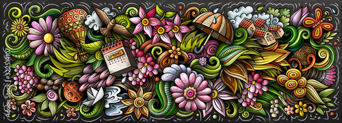 Spring hand drawn cartoon doodles illustration. Colorful vector banner