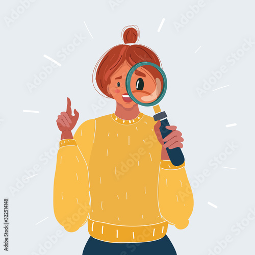 A Woman with magnifying glass on white.