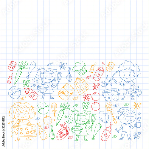 Healthy food and cooking. Fruits, vegetables, household. Doodle vector set.