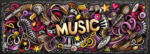 Music hand drawn cartoon doodles illustration. Colorful vector banner