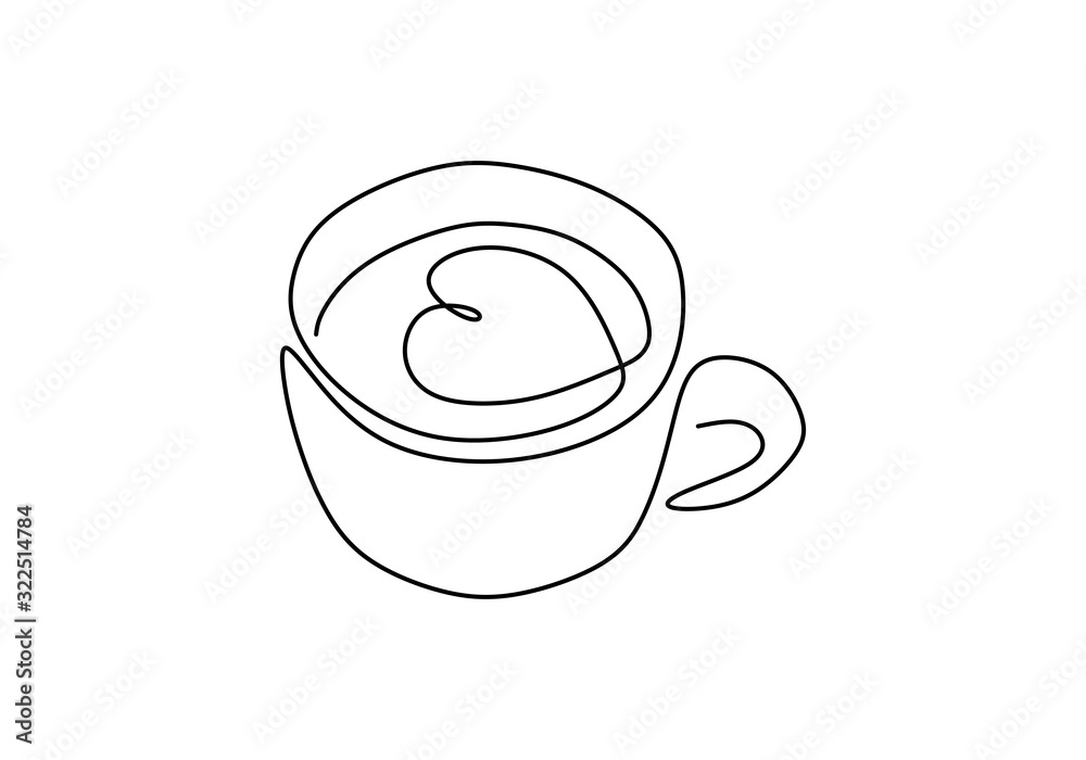 One line drawing of coffee. Cup with heart cappuccino latte art, symbol