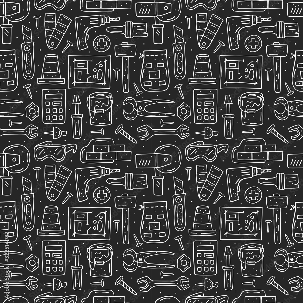 Home repair tools, instruments cartoon cute hand drawn doodle vector seamless pattern, texture, backdrop. Funny monochrome design  on dark background. Building decorative design elements. Packaging.