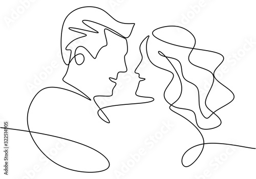 Continuous line drawing. Portrait of Romantic couple. Lovers theme concept design. One hand drawn minimalism. Metaphor of love vector illustration, isolated on white background.
