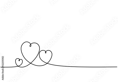Fototapeta Ciągły rysunek linii trzech serc. Czarno-biały wektor minimalistyczny ilustracja koncepcji miłości minimalizm jedną ręką szkic romantyczny motyw.