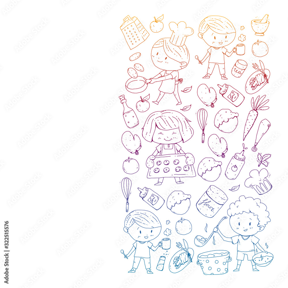 Fototapeta premium Healthy food and cooking. Fruits, vegetables, household. Doodle vector set.