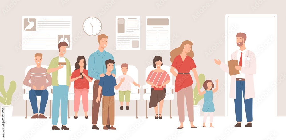 Happy cartoon patients in doctor waiting room vector flat illustration. Smiling people character visitors of modern medical clinic. Male physician, men, women and children at hospital interior