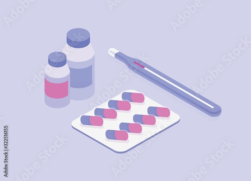 Medicine pills and bottles thermometer isometric vector illustration. Medical tablets isolated. Pharmaceutical capsule and vitamins for healthcare. Cartoon medicament care treatment