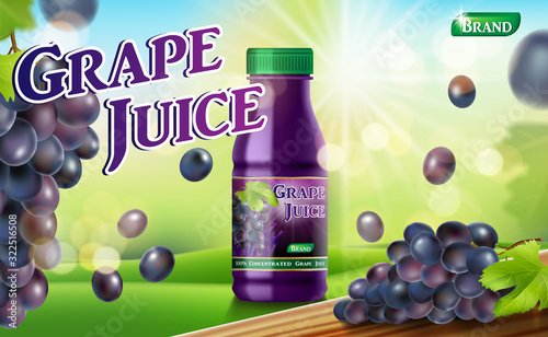 Grape juice bottle with sunny background on green grass. fruit juice container package ad. 3d realistic grape Vector illustration for your design
