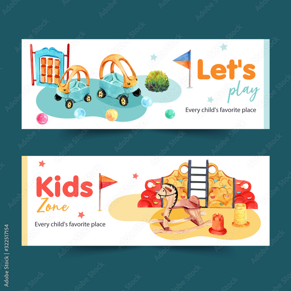 Playground banner design with flag, toy car, rocking horse watercolor illustration.