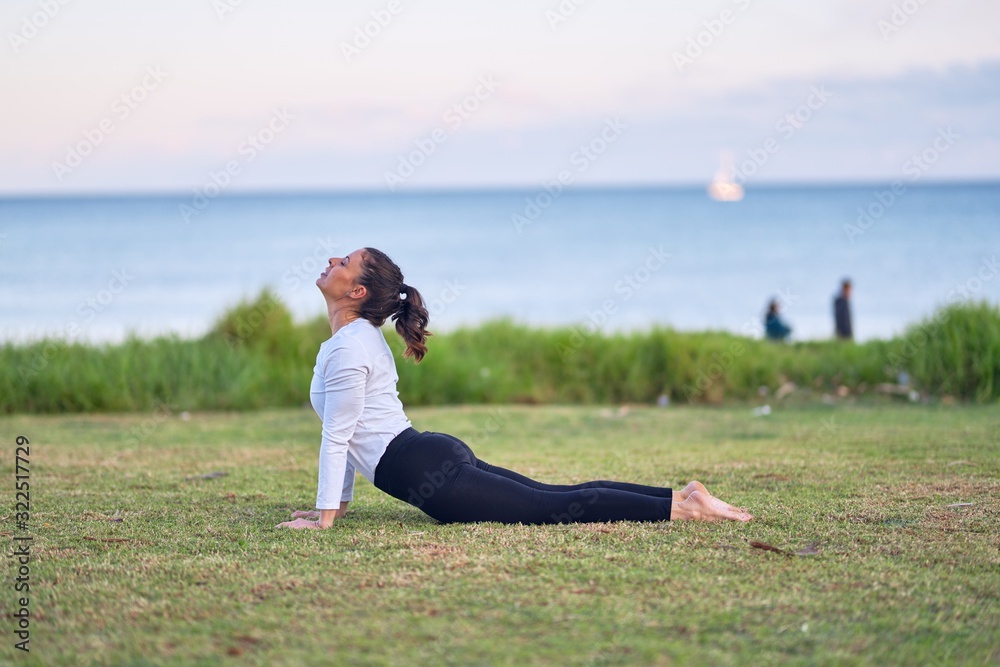 Fototapeta premium Young beautiful sportwoman practicing yoga. Coach teaching upward-facing dog pose at park