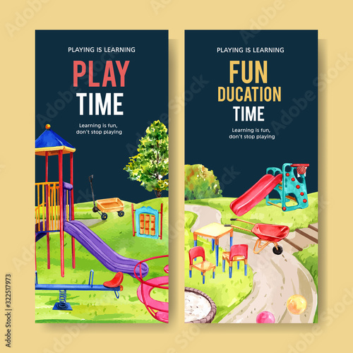 Playground flyer design with seesaw, slide, jungle gym watercolor illustration.