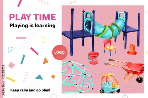 Playground frame design with jungle gym, pail watercolor illustration.