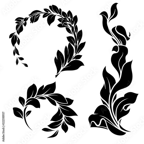 Silhouette of branches with leaves on a white background. Vector illustration of black silhouettes.