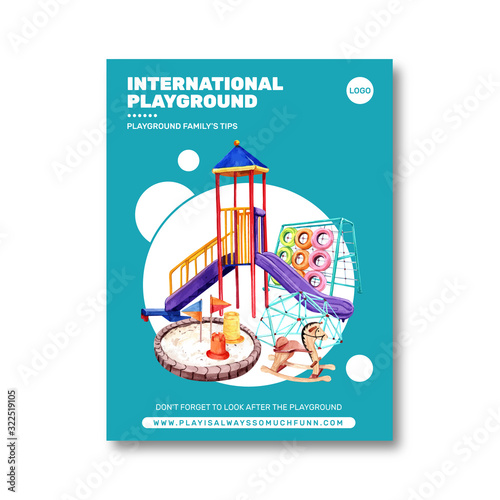 Playground poster design with rocking horse, climbing frame  watercolor illustration.