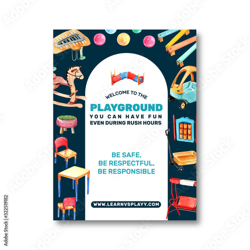 Playground poster design with bench, toy car, swing  watercolor illustration.