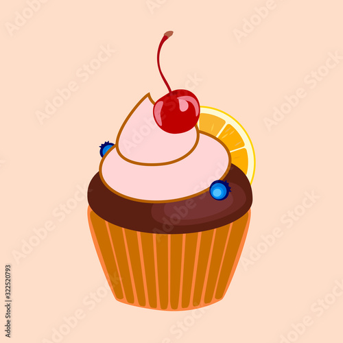 Flat vector illustration of a cream cake with a cherry. Shekoladny cream with berries and fruits in a basket of shortcrust pastry.