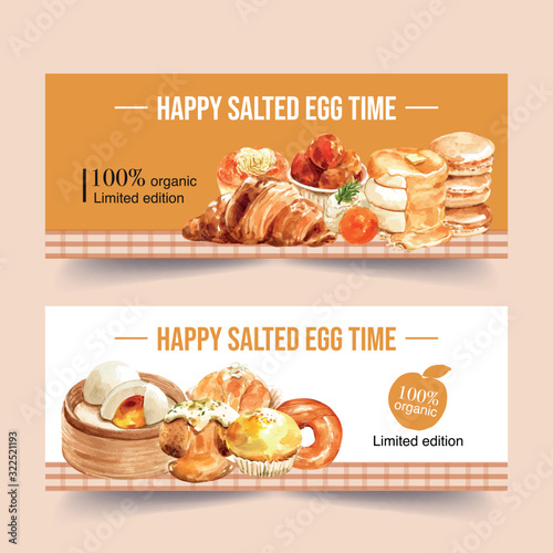 Salted egg Banner design with bun, croissant, pancake watercolor illustration.