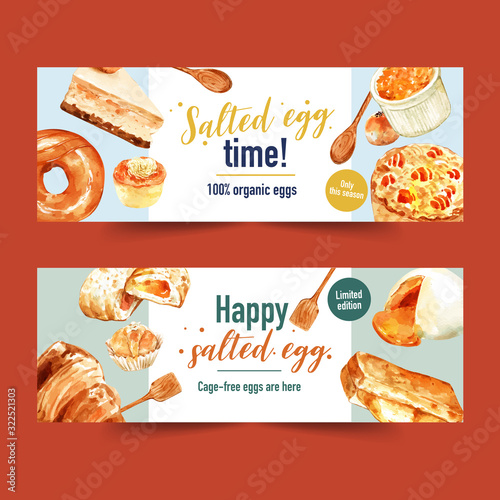 Salted egg Banner design with spoon, cheese cake, bread  watercolor illustration.