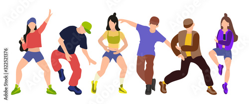 Vector illustration set of guys and girls dancing. Youth at the party. Dancing teens in colorful modern clothes. Hip hop and street style modern dance, arenby and hip hop school
