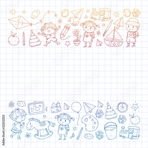 Kindergarten with toys. Pattern for children. Little preschool kids education. Drawing, learning, play