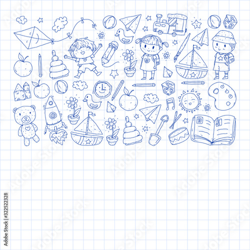 Kindergarten with toys. Pattern for children. Little preschool kids education. Drawing, learning, play