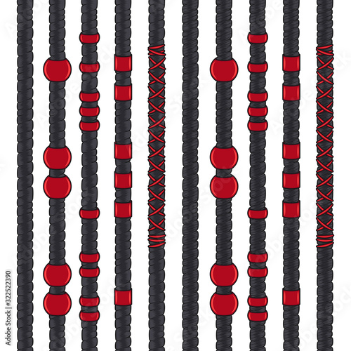 Set of colored seamless patterns with black dreadlocks and red jewelry. Isolated vector objects on white background.