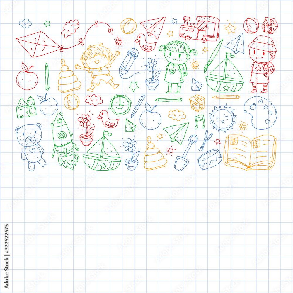 Kindergarten with toys. Pattern for children. Little preschool kids education. Drawing, learning, play Kindergarten with toys. Pattern for children. Little preschool kids education. Drawing, learning, play