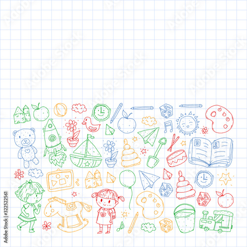 Kindergarten with toys. Pattern for children. Little preschool kids education. Drawing, learning, play