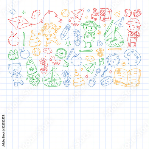 Kindergarten with toys. Pattern for children. Little preschool kids education. Drawing, learning, play