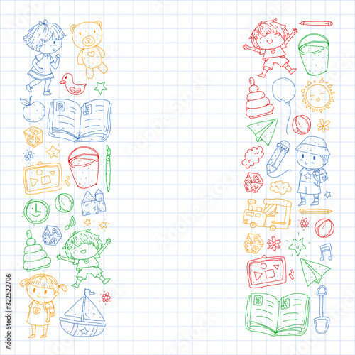 Kindergarten with toys. Pattern for children. Little preschool kids education. Drawing, learning, play