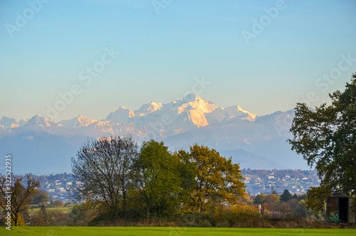 Mont Blanc sunset view from a field near Geneva