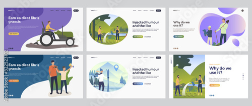 Summer and winter outdoor activities set. People gardening, skiing, enjoying leisure time outdoors. Flat vector illustrations. Vacation, farming concept for banner, website design or landing web page