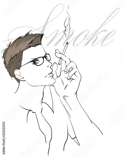 The face of a man. Fashionable portrait. Vector sketch of a smoking man on a white background. Hipster smoker. Smoking.