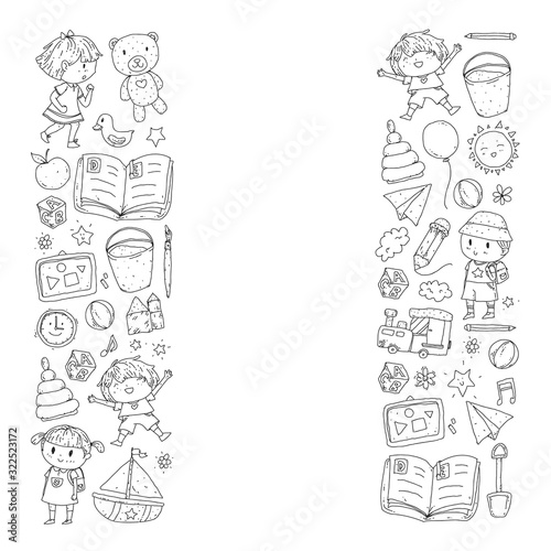 Wallpaper Mural Kindergarten with toys. Pattern for children. Little preschool kids education. Drawing, learning, play Torontodigital.ca