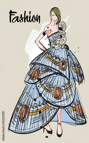 Beautiful young women in ethnic style.. Hand drawn stylish woman portrait. Fashion lady. Festive outfit. Sketch. Fashion model posing in dress. Hand drawn fashion woman.