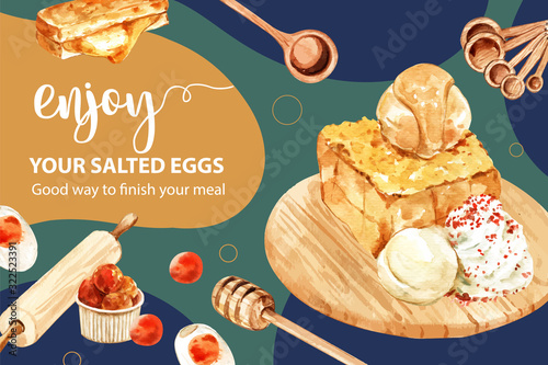 Salted egg frame design with rolling pin, toast, sandwich watercolor illustration.