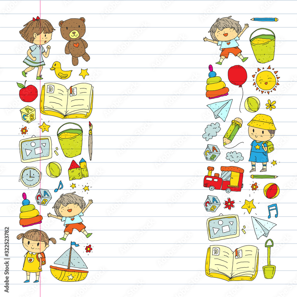 Kindergarten with toys. Pattern for children. Little preschool kids education. Drawing, learning, play Kindergarten with toys. Pattern for children. Little preschool kids education. Drawing, learning, play