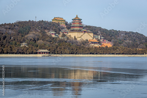 Kunming Lake in Summer Palace in Beijing, capital city of China, view on Longevity Hill with Buddhist Incense Tower and Hall of Sea of Wisdom photo