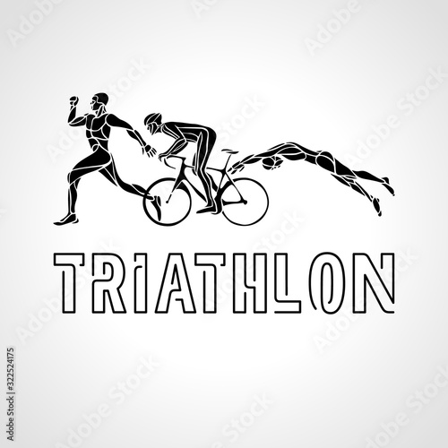 Color flat logo triathlon. Vector figures triathletes