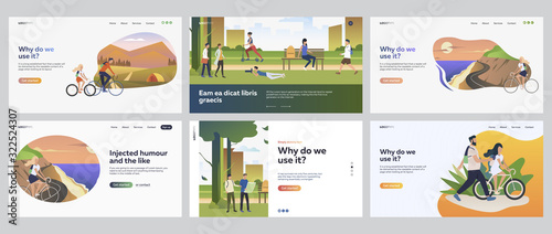 Outdoor recreation set. People riding bikes, walking in city park. Flat vector illustrations. Active lifestyle, adventure, activity concept for banner, website design or landing web page