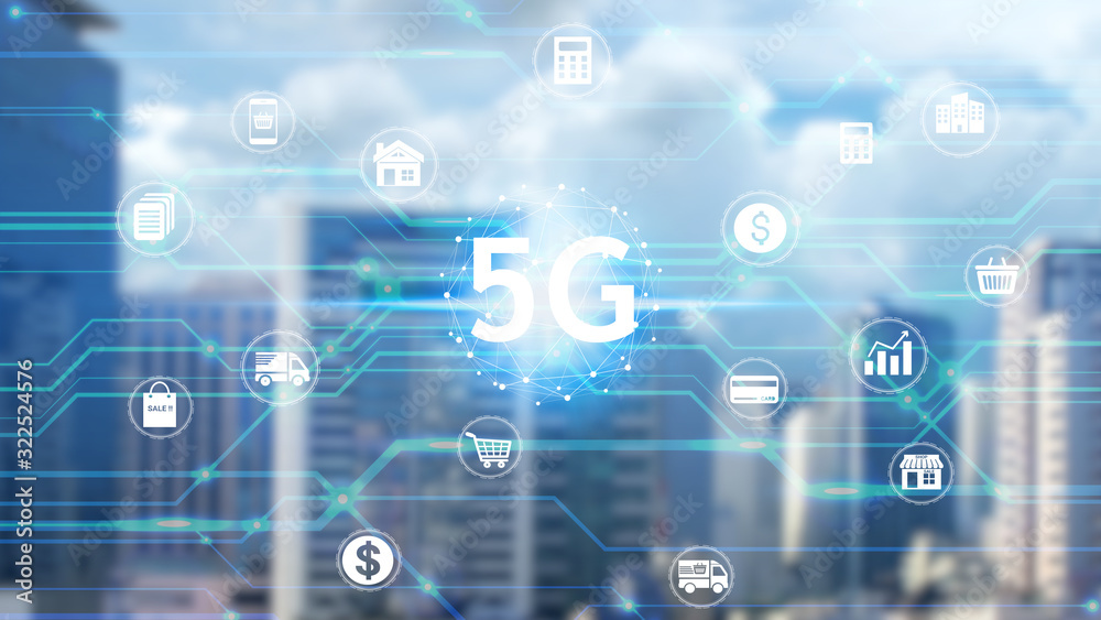 hand holding network using 5G technology with virtual screen icons on the city background, Technology Internet 5G global network concept. hand holding network using 5G technology with virtual screen icons on the city background, Technology Internet 5G global network concept.
