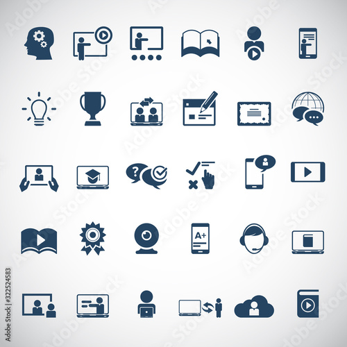 Collection of e-learning related line icons.