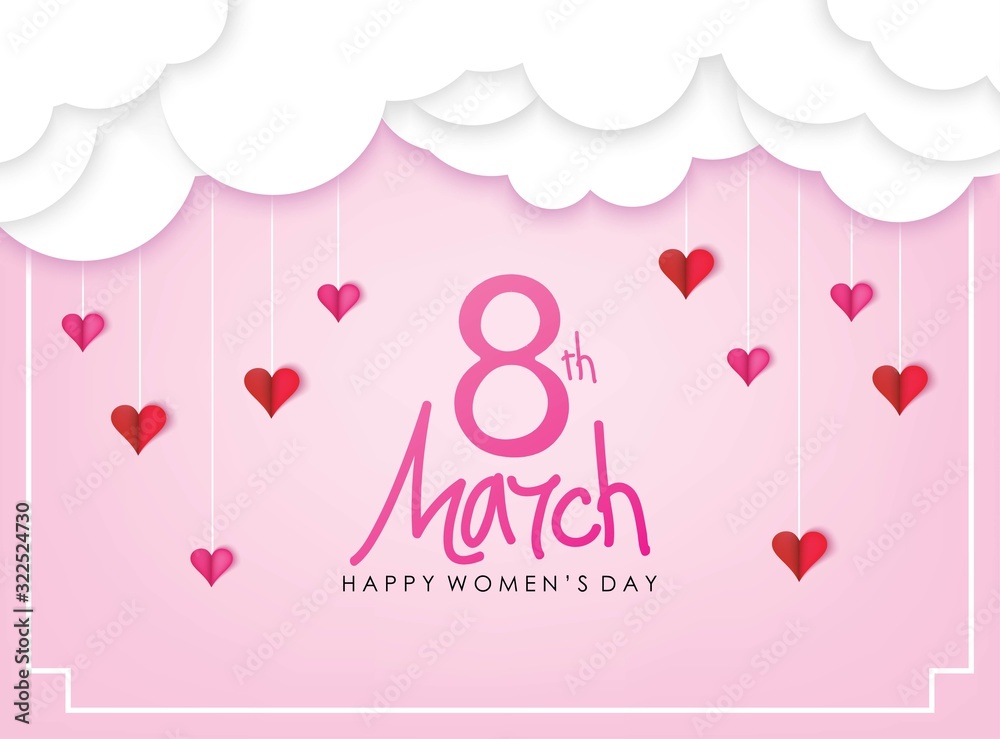 March 8 Happy Women`s Day Celebration. Papercut Style Pink Background with White Clouds and Hearts Vector Illustration.